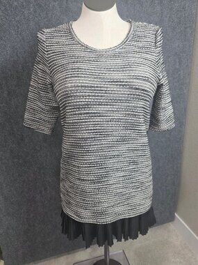Clu Willoughby Striped Knit Top With Pleated Hem Medium Polyester Blend Black &